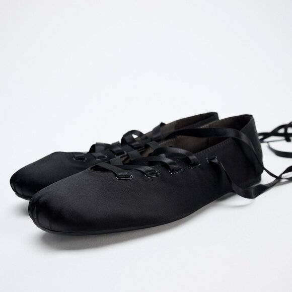 Zara Black Tied Ballet Flats size 9 - Picture 2 of 13